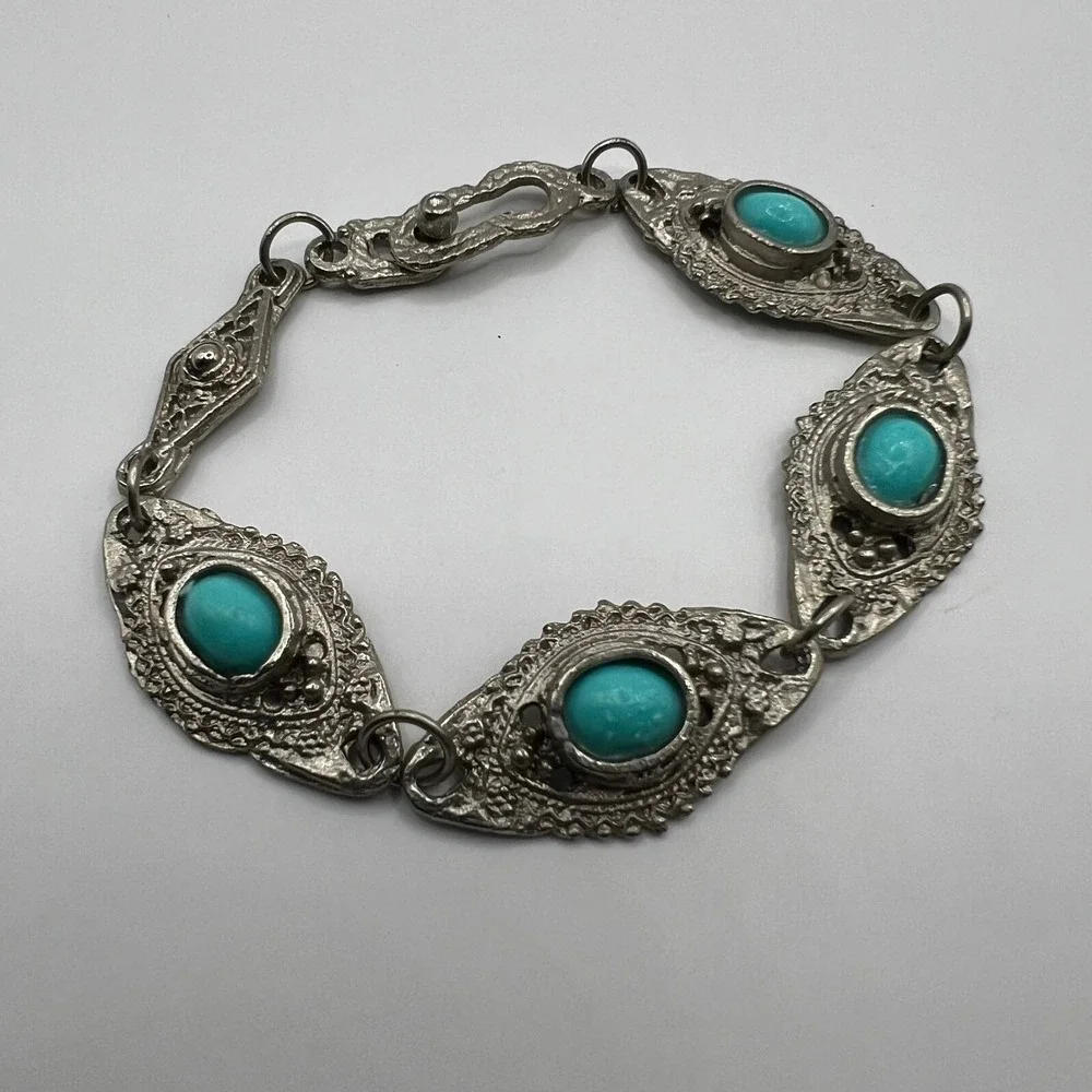 Vintage Bracelet Faux‎ Turquoise Silver Tone Stations Links